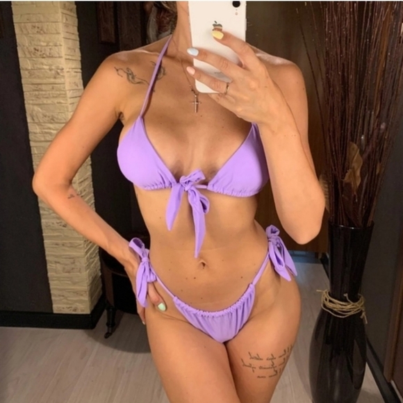 New Neon Slide Triangle Top and Slide Side Tie Bottom Bikini Set Swimsuit Size L - Picture 2 of 7